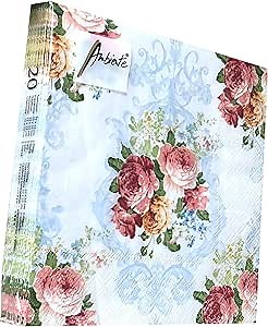 Ambiente 20-ct 13x13 Blue & Pink Floral Napkins for Decoupage, Tea Party, Brunch, Lunch, Gift Box, Paper, 3-Ply