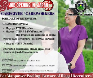 55K views · 160 reactions | 05/06/2025 JOB OPENING IN JAPAN SCHEDULE OF INTERVIEWS ONLINE INTERVIEW May 12 - TITP (Female) May 20 - TITP & SSW (Female) (Ex Trainee are welcome to apply) FACE TO FACE INTERVIEW ( HMO DAVAO BRANCH ) May 26 - TITP (Female) Interested candidates, please email your resume at jonah@hmoihr.com | HMO International Recruitment Inc. | Facebook