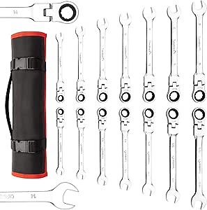 Towallmark 14-Piece Flex-Head Ratcheting Wrench Set, Professional Ratcheting Combination Set, SAE 5/16"-11/16""& Metric 8-16mm, Combination Ended Spanner Kit with Portable Rolling Pouch
