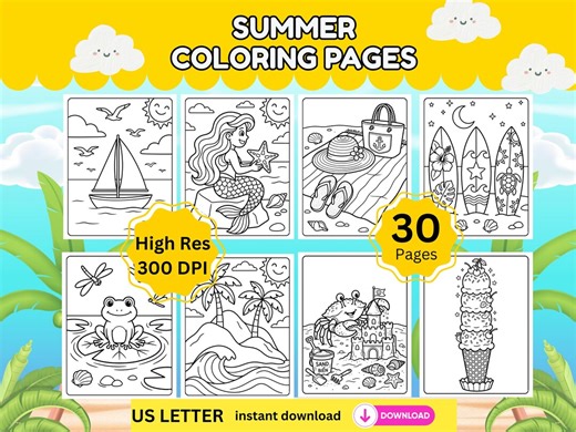 30 Summer Coloring Pages for Kids,toddler Summer Activity Book,printable Beach Coloring Sheets, Preschool Summer Craft, Instant Download PDF - Etsy