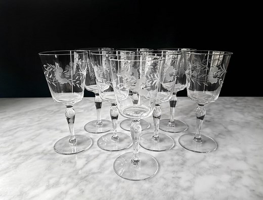Vintage Floral Etched Stemware Set of 4, Wine Goblets, Clear Etched Glasses, Midcentury Tableware - Etsy