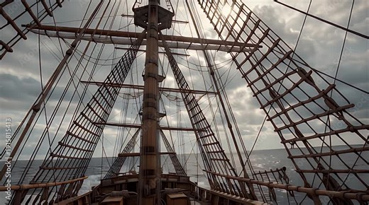 View from the wooden deck of an old historical sailing ship looking forward toward the tall masts and rigging against a dramatic overcast sea sky horizon.