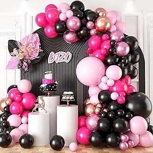 Hot Pink Black Balloon Garland,BTZO Balloons Arch Kit With Metallic Pink Rose Gold Balloons for Baby Shower Birthday Bridal Shower Wedding anniversary Anniversary Decor
