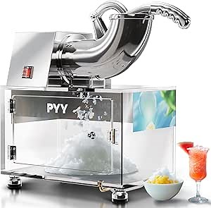 PYY Snow Cone Machine - Commercial Ice Crusher Shaver, Electric Crushed Shaved Snowcone Maker, 440LBS/H 1400RPM All-Copper Motor, Stainless Steel Full Body, Dual Blades, Acrylic Box and Drain Pipe