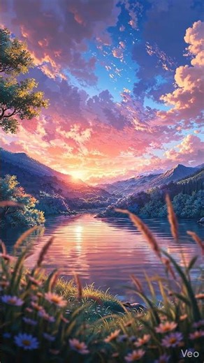 Anime Sunset Lake & Mountains 🌅 Moving Clouds and Windy Flowers #anime #relaxing #animebackground