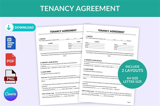 Tenancy Agreement Template | Printable Rental Lease Contract | Editable Canva, Word PDF for Landlords & Tenants