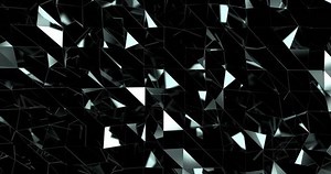 Frontal view of black reflective pattern of moving triangles separated with thin stripes, crystal abstract painting, tessellated waving mirror surface with strong specular and blinking reflections