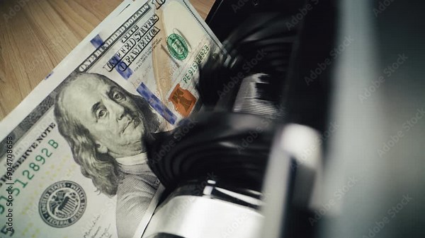 Cash counting machine counts hundred dollar bills. Automatic counting equipment for paper money. Currency counter for exchange. 100 USD bank notes. Finance, investment and banking concept. Close Up.