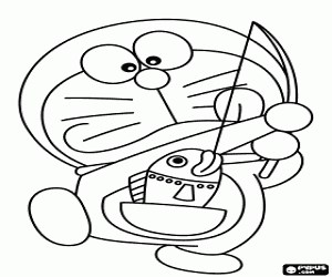Doraemon with a fish coloring page printable game