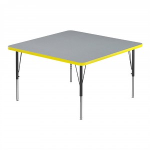 Correll 42" Square Gray Granite 19"-29" Adjustable Height High-Pressure Top Activity Table with Black Legs and Yellow T-Mold