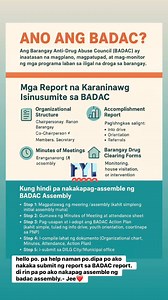 Hello po 🙏 walang problema, tutulungan kita step by step. 🔵 Ano ang BADAC? Ang Barangay Anti-Drug Abuse Council (BADAC) ay inaatasan na magplano, magpatupad, at mag-monitor ng mga programa laban sa iligal na droga sa barangay. ⸻ 📑 Mga Report na Karaniwang Isinusumite sa BADAC 1. Organizational Structure – Listahan ng mga miyembro ng BADAC (Chair: Punong Barangay, Co-Chair: Kagawad sa Peace & Order, members: Secretary, SK, Tanod, etc.) 2. Accomplishment Report – Mga aktibidad ng BADAC (info dr