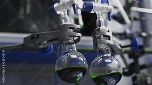 Chemistry laboratory processes. Chemical reaction, solution in tube or flask. Mixing and homogenization process in lab experiment. Medical or pharmacy industry. Scientific test, microbiology research.
