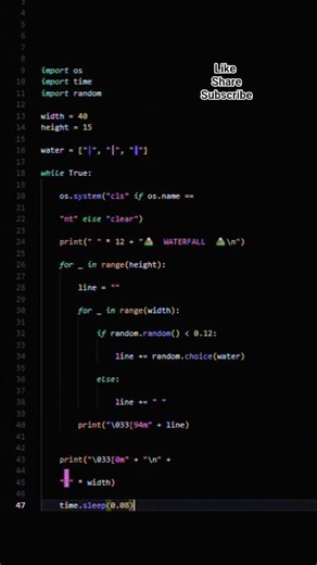 71/100—Python Code [Waterfall ASCII Animation] #codequest.#coding #python #cursor #ytshorts