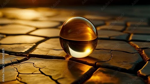 Golden-tinted glass marble spinning gently over cracked vintage tiles, warm dramatic light, 8K, 2026