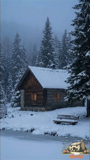 Quiet Winter Cabin by a Frozen Lake | Rustic Log Home, Snowy Pine Forest, Warm Window Light The forest is thick with snow and evening mist, and everything feels slowed down like winter has lowered the volume on the world. A small rustic log cabin sits near the edge of a frozen lake, roof layered in fresh white, timber walls darkened by time, and a soft warm window glow shining from inside. There’s a simple bench in the snow, a quiet shoreline, and that gentle feeling of being far from everything