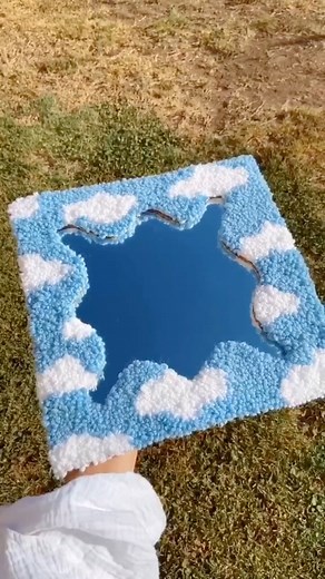 Let’s make a rug mirror! 🪞☁️🩵#rugtiktok #TuftingGun #tuftedrug #punchneedle #diy #crafts #handmade #diyhomedecor #artist #rugmaking | Happy Rugs • Madeline Ronzoni