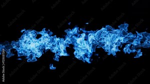 3D animation of blue fire emerging from a horizontal line across the entire frame and burning in a chaotic direction. The file contains the Alpha Channel.