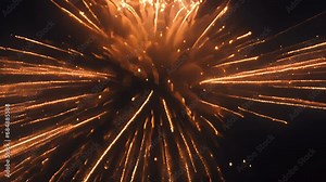 Closeup golden firecracker exploding burst light sound, illuminating surrounding darkness with dazzling display.