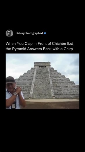History Photographed on Instagram: "The massive El Castillo pyramid (Temple of Kukulcán) at Chichén Itzá, a masterpiece of Maya engineering, demonstrates a bizarre acoustic phenomenon.⁠ ⁠ A handclap directed at its staircase returns a distinctive, chirped echo that closely mimics the sound of the Quetzal, a bird sacred to the Maya civilization.⁠ ⁠ The precise geometry of the steps is responsible for this effect."
