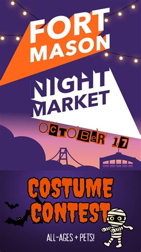 Fort Mason Center for Arts & Culture on Instagram: "👻 COSTUME CONTEST ALERT!👻 Put your kids and/or pets in their spookiest, silliest, or most spectacular costume for the Fort Mason Night Market Halloween Costume Contest 10/17! 🎃 🌙 5–10 PM of shopping by @westcoastcraft, eats by @offthegridsf & beats by @sterngrovefestival 🏆CONTEST INFO🏆 -Contest starts at 7:30pm at the Fort Mason Stage -Prizes will be awarded to the top three contestants in each category: Pets & Kids (Ages 12 and below) -R