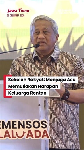 Sekolah Rakyat, Penjaga Asa Keluarga Rentan 🫶🏻 Ketua Tim Formatur Sekolah Rakyat, Prof. M. Nuh menyampaikan bahwa Sekolah Rakyat merupakan ikhtiar negara untuk menjaga harapan di tengah keterbatasan. Dalam Trilogi Sekolah Rakyat, program ini tidak hanya menghadirkan akses pendidikan, tetapi juga memuliakan anak-anak dari keluarga kurang mampu dengan pendampingan dan kasih sayang. Simak selengkapnya di video berikut. | Kementerian Sosial RI