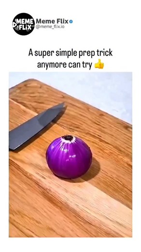 Meme Flix on Instagram: "The post shares a 12-second video tutorial on slicing a purple onion by halving it shallowly, scoring vertically while keeping the root intact, then cross-slicing for neat, connected rings that stay intact during prep. - Posted February 2, 2026, as a reply to a vague "give me any video" request, it quickly gained 54K views, 624 likes, and 560 replies, mostly Indonesian users noting the "mind-blown" simplicity of the hack. This method reduces cutting tears by minimizing c