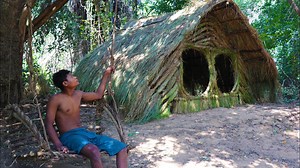 Building a Cozy Grass House and Hammock Using Only Primitive Tools!