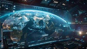 High tech Earth display, Asia highlighted, blue visuals