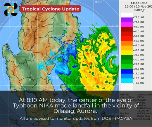 TROPICAL CYCLONE UPDATE At 8:10 AM today, based on all available data including from Baler Weather Radar, the center of the eye of Typhoon #NikaPH (TORAJI) has made landfall in the vicinity of Dilasag, Aurora. DOST-PAGASA | DOST-PAGASA