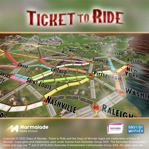 4 comments | All aboard! The new Ticket to Ride video game by Marmalade Game Studio has arrived on Steam! Get ready for an immersive 3D experience of this classic board game.  Plan, strategize, and build your railroad empire to victory. Join the adventure now! ➡️OUT NOW on Steam: https://bit.ly/45TidVN #TicketToRide #Steam #BoardGame #BoardGameCommunity | Marmalade Game Studio | Facebook
