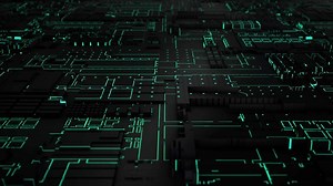 Abstract 3D background with computer board and glowing green circuits with moving electric impulse signals. Abstract animation for modern information technologies and artificial intelligence. 4K 60fps