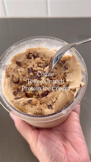 COFFEE TOFFEE CRUNCH Ninja Creami is hand down the best flavor we’ve made so far! I mix together 1 cup of whole milk, 1/2 cup Greek yogurt, 1 scoop or packet of vanilla protein powder, 1 tablespoon instant coffee and 1 teaspoon of vanilla bean paste. Freeze overnight and then the Ninja Creami turns it into the best coffee flavored protein ice cream! Add crushed toffee candy pieces for the crunch 😋😮 #ninjacreami #protein #icecream #foryou | Jacqui Saldaña