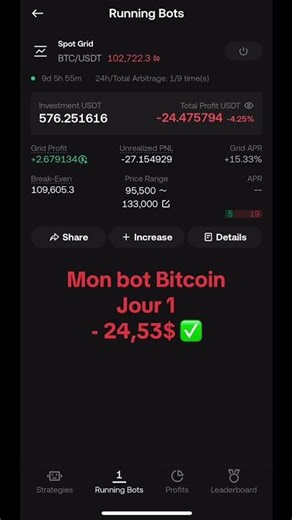 Evolution de Mon Bot Bitcoin Spot Jour 1
