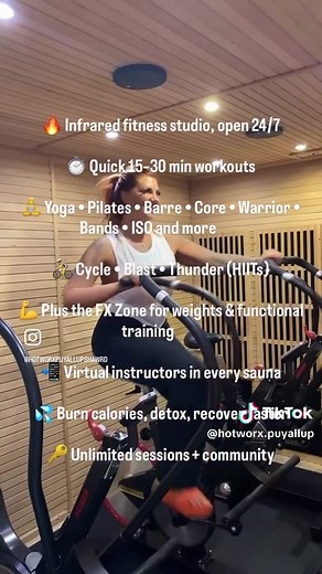 WHAT IS HOTWORX? 🔥 HOTWORX = Infrared Fitness Studio – A 24/7 studio offering virtually instructed workouts inside infrared saunas. \t⏱️ Efficient Workouts – Sessions are only 15 or 30 minutes long. \t💦 Infrared Heat Isometrics/HIIT – The heat accelerates calorie burn, detox, and muscle recovery. \t🏋️ Workout Variety – Choose from 10 workout styles, including: \tIsometric sessions (Yoga, Pilates, Barre, Core, Warrior, etc.) \tHIIT sessions (Cycle, Blast, Thunder) \tPersonal training-style FX
