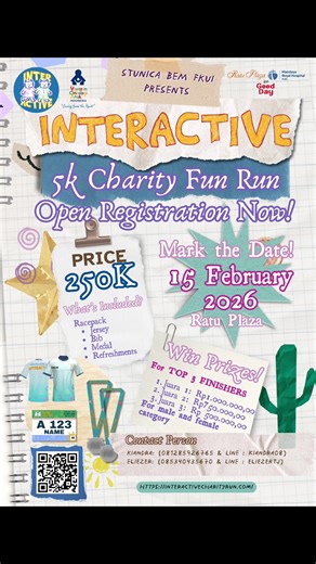 📣 REGISTRATION FOR INTERACTIVE 2026 IS NOW OPEN 📣 The wait is finally over! Registration for INTERACTIVE 2026 – 5K Charity Fun Run is now open 🎉 📍 Ratu Plaza 🕠 05.30 - Done WIB 📅 15 February 2026 🎟 Ticket Price ⭐️ Early Bird: Rp215.000 (LIMITED TO ONLY 70 PARTICIPANTS) ⭐️ Normal Price: Rp: 250.000 FOR IKM FKUI use this code to get a special price ‼️ IKM5ERLARI ‼️ What you will get: ⭐️ Racepack: Jersey, BIB Number, and medal ⭐️ Refreshments 🗓 Registration Period: 13 January – 4 February 2