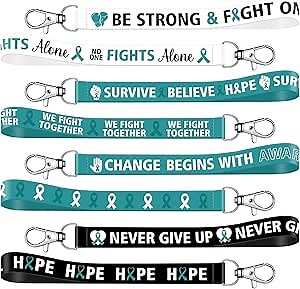 Sureio 72 Pcs Teal Ribbon Sexual Assault Awareness Lanyard Keychain for Cervical Cancer Testicular Bladder Cancer Gift