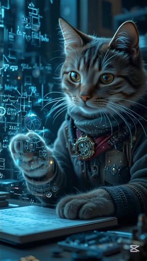 A cat engineer writing complex arcane formulas on floating holograms. #aicat #kitten
