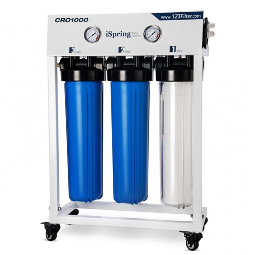 iSpring CRO1000 4-Stage Tankless Commercial Reverse Osmosis Drinking Water Filtration System for Restaurant and Small Business, 1000 GPD RO Membrane, 20-Inch  Filters 3/4" NPT Inlet
