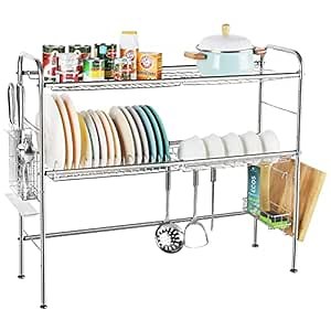 HEOMU Over The Sink Dish Drying Rack, 2-Tier Stainless Steel Large Capacity Drying Dish Rack with Utensil Holder, Kitchen Organizer and Storage Rack, Length Adjustable (Sink Size ≤ 35 INCH)