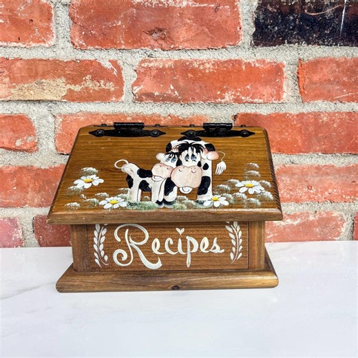 Vintage Hand-painted Cow Recipe Box | Farmhouse Kitchen Storage - Etsy