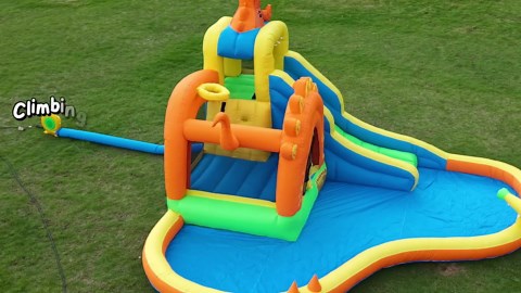 Dinosaur Inflatable Water Slide Park - 7 in 1 Bounce House with Slide, Jump Area, Splash Pool, Climbing Wall & Basketball Hoop | 480W Blower Included | Indoor/Outdoor Backyard Play for Kids 3-10