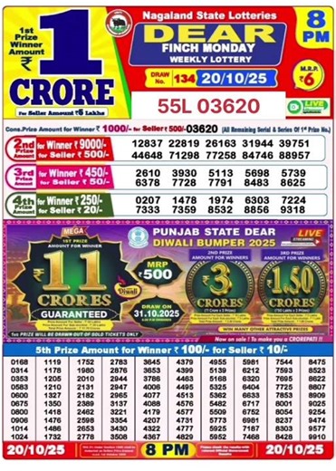 Night lottery result today 8pm -20/10/2025 - Nagaland State Lottery Result .