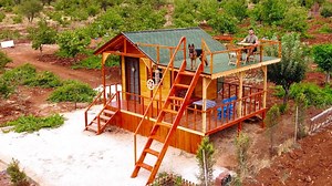 Constructing an off grid log cabin with a whole wooden house. | Only Fan