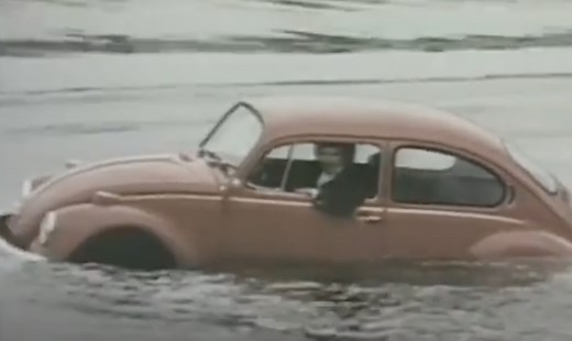 1972 Volkswagen Beetle ad shows that it can float in water