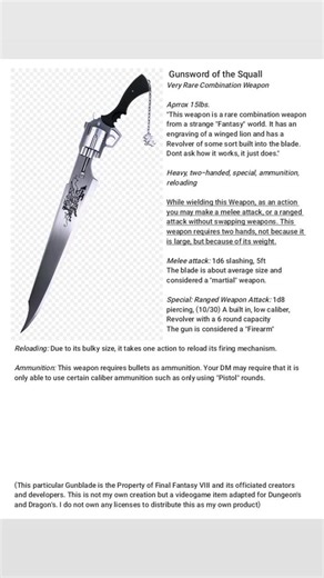 Gunblade from Final Fantasy 8 for Dungeons & Dragons