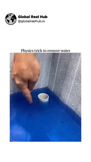 Global Reel Hub | USA | Memes on Instagram: "The post shares a viral video demonstrating a physics-based hack for removing shallow water from a pool or basin by submerging an inverted plastic cup to fill it, then lifting it mouth-down; atmospheric pressure creates a vacuum inside, preventing the water from spilling out until the cup is tilted. This trick exploits Boyle's law and atmospheric pressure (about 101 kPa at sea level), supporting a water column up to roughly 10 meters high, as confirme