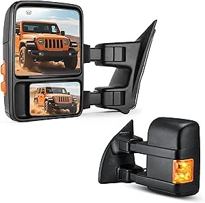 DWVO Towing Mirrors compatible for 99-07 F250/F350/F450/F550 Super Duty Power Heated with Amber Turn Signal Light Side Tow Mirror A Pair