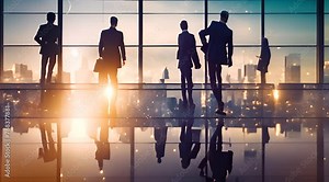 Silhouette of business people work together in office. Concept of teamwork and partnership. double exposure with light effects