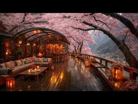 Peaceful Riverside Café Terrace in Spring Rain 🌸Smooth Jazz with Rain Sounds for Relax & Deep Focus
