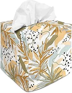 Tissue Box Cover Square Canvas Decorative Tissue Box Holder Cute Funny Cube Tissue Case Cover-Boho Leaf Tissue Box Cover